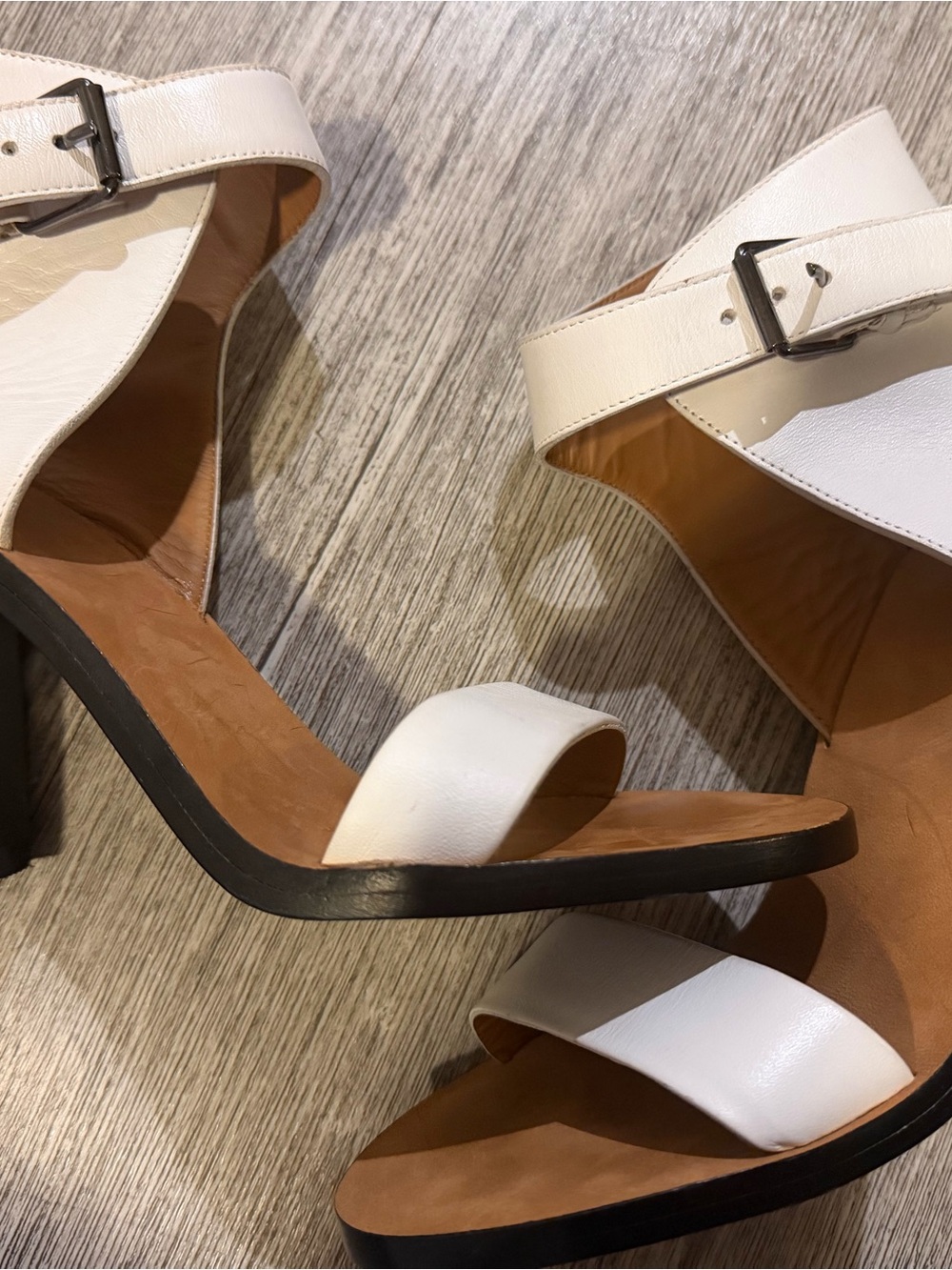 Women's White Leather Block Heel Sandals with Ankle Buckle